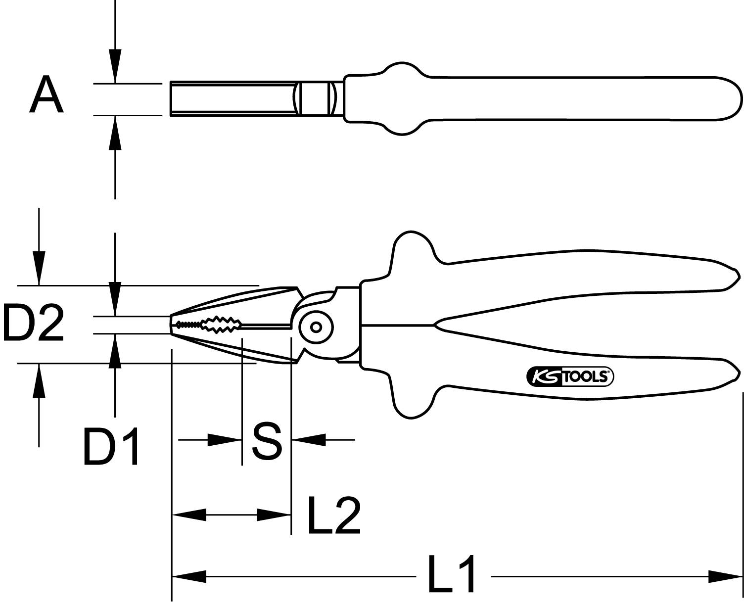 Teknisk tegning af en tang med følgende mål: Afstand 'A', diameter 'D1' og 'D2', længde 'L1' og 'L2' samt åbning 'S'.