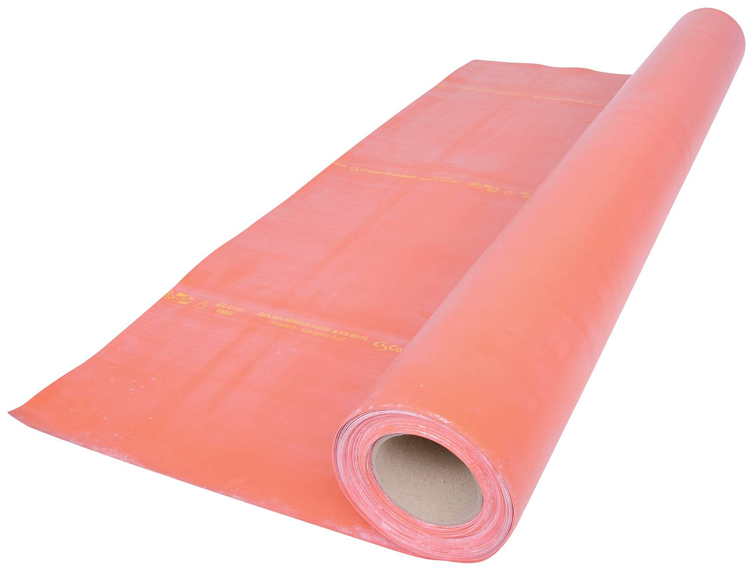 En orange plastikrulle, delvist rullet ud og liggende på et bord. Den bruges ofte til bygge- eller malerarbejde.