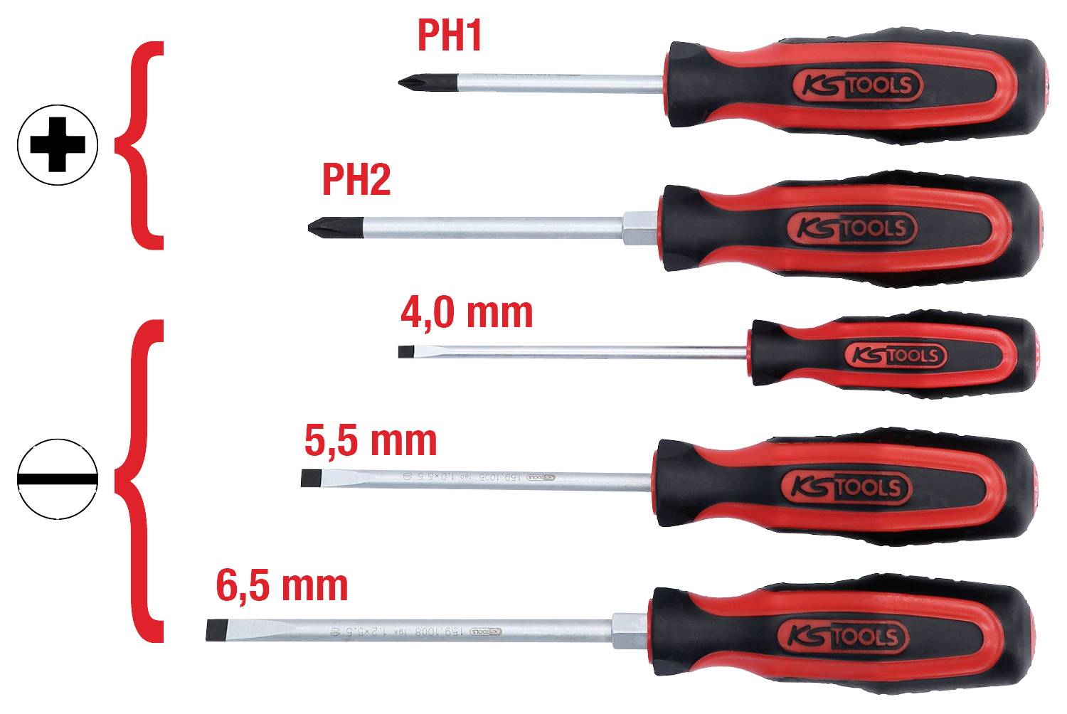 Fem skruetrækkere placeret ved siden af hinanden. Tre krysskruetrækkere (PH1, PH2) og to fladhovedede skruetrækkere (4,0 mm, 5,5 mm, 6,5 mm).