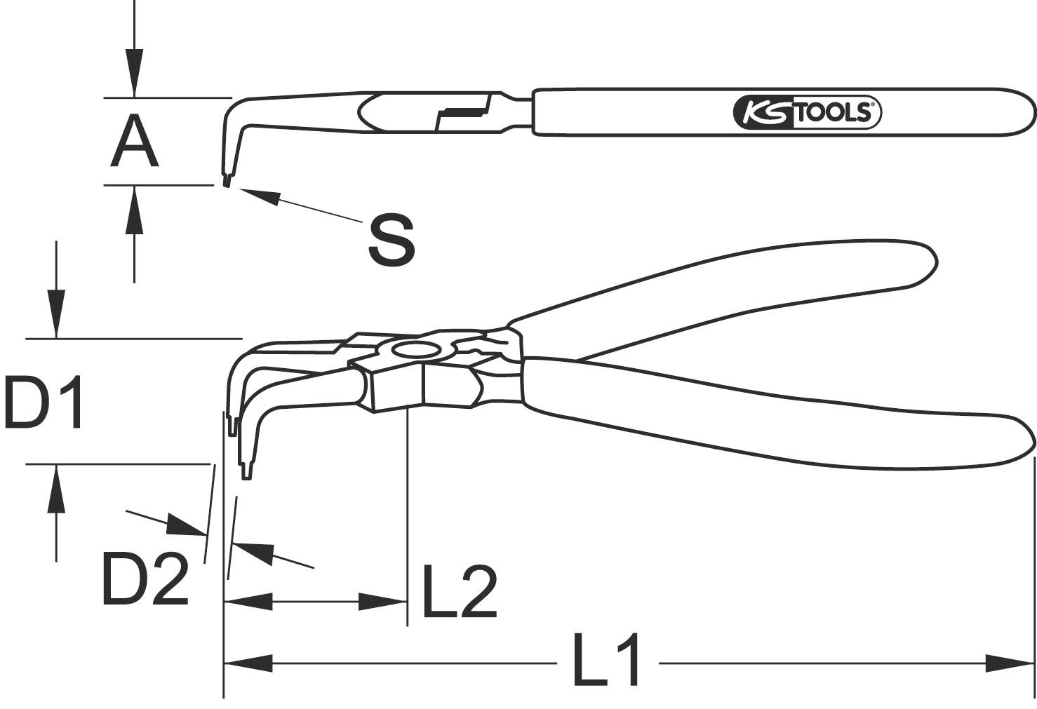 Illustration af en aflukningsklemmetang med dimensioner. Målangivelser: A, D1, D2, L1, L2, S. KS Tools-logo synlig på grebet.