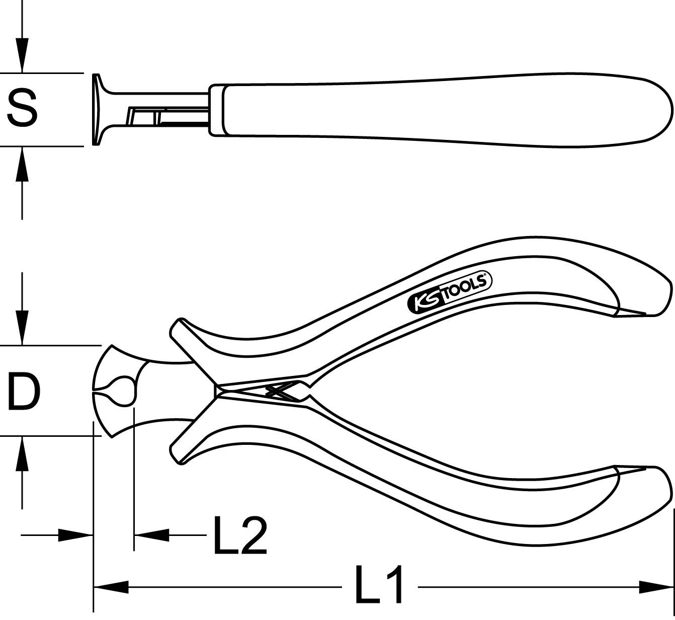 Diagram af en tang fra KS Tools med mål S, D, L1, L2. Billedet viser tangen set fra siden og oppefra for at illustrere målene.