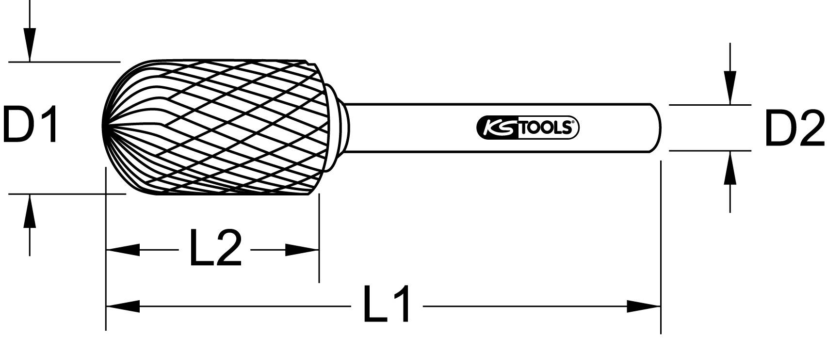 Illustration af en fræsestift med mål: D1, D2, L1, L2. Markeret med 'KS TOOLS' på skaftet.