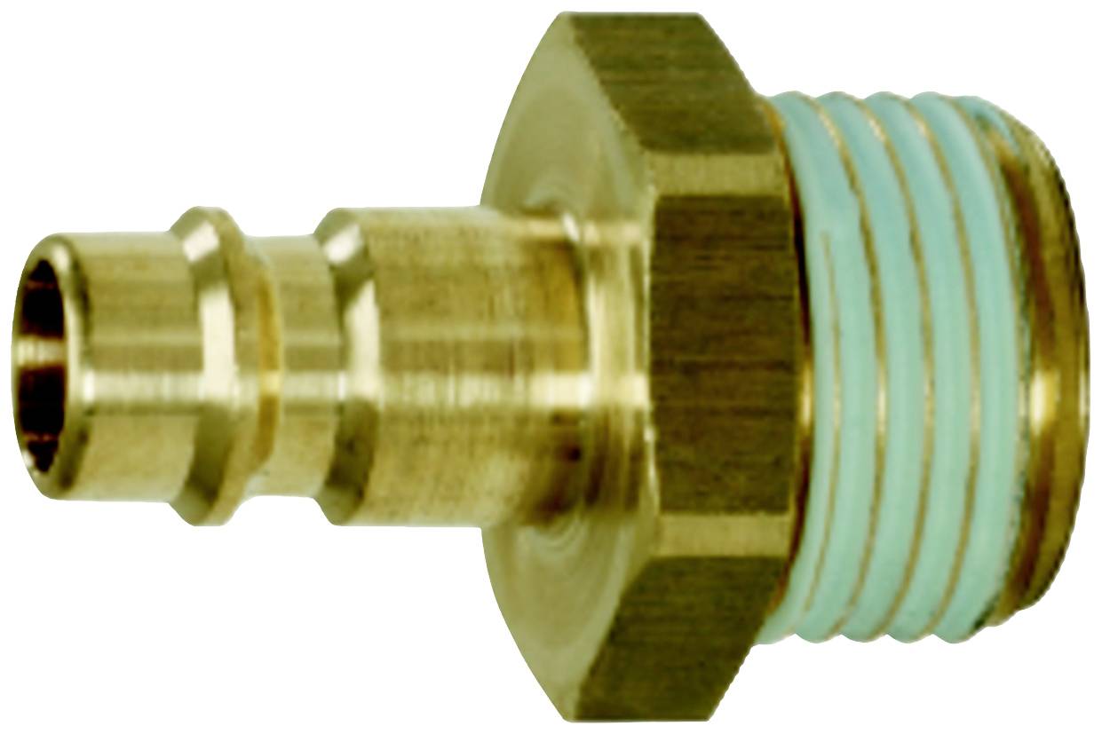 Et metalforbindelsesstykke med riflet studs og gevind på højre side. Det har en blå tætningsring og er beregnet til rørtilslutninger.