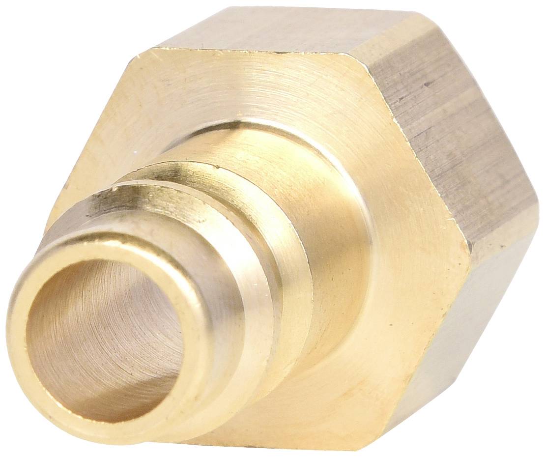 Messingadapter med sekskantform og cylindrisk tilslutning. Forbinder forskellige slangediametre.