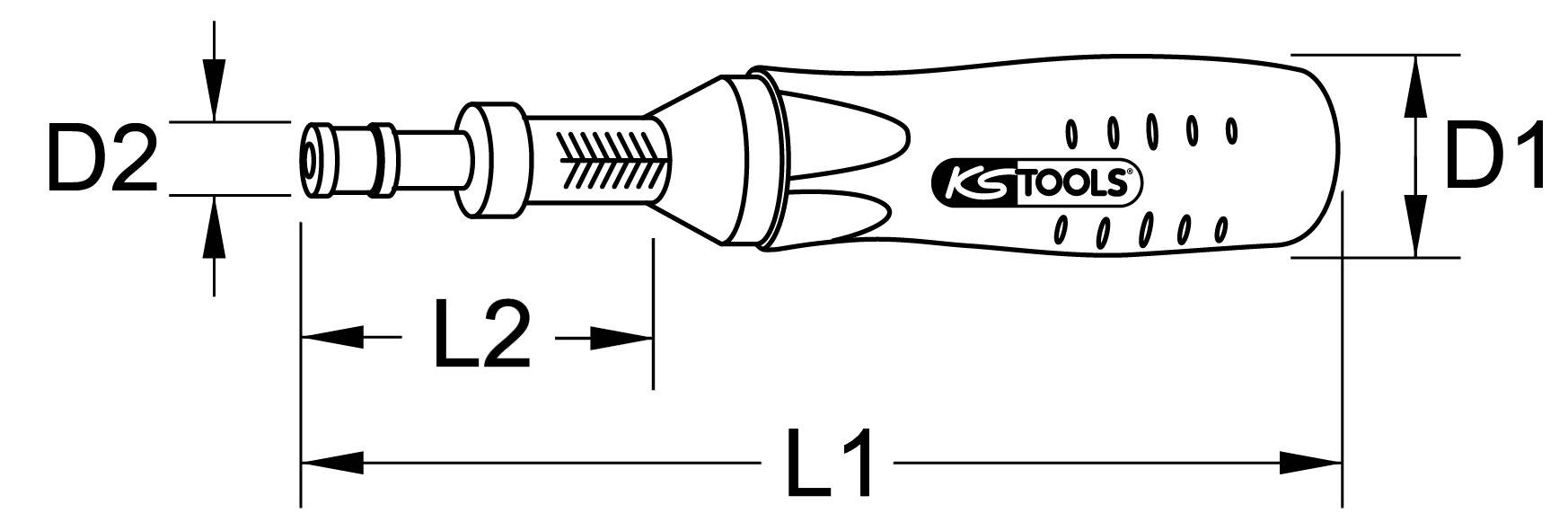 Illustration af en skruetrækker med dimensioner: L1 og L2 for skaftet, D1 for grebdiameter, D2 for skaftdiameter, mærke 'KS Tools'.