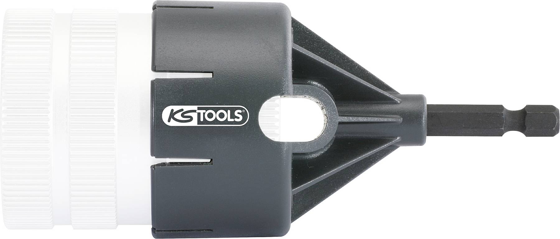 Værktøj fra KS Tools til afgratning, med sort håndtag og en hvid cylindrisk del. Velegnet til metalrør.