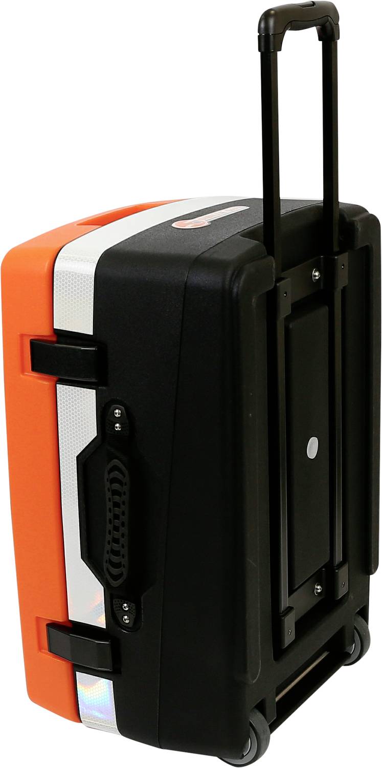 Orange og sort hardcase kuffert med udtrækkelig håndtag og hjul, med sidehåndtag.