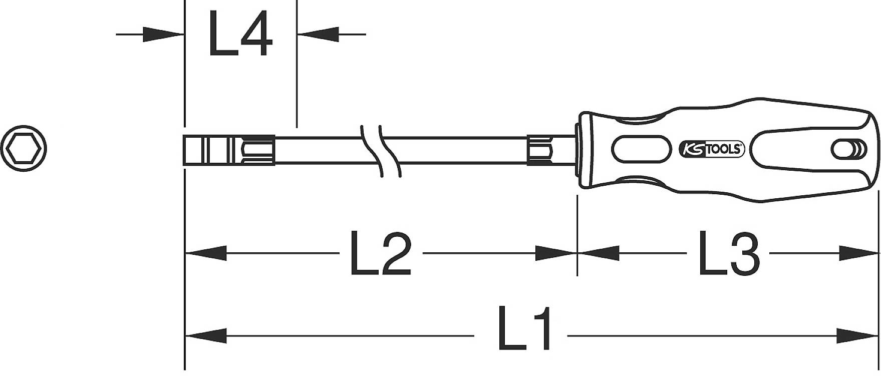 Illustration af en skruetrækker med mål. L1, L2, L3 og L4 er markeret for at vise længdeafsnit fra håndtaget til spidsen.