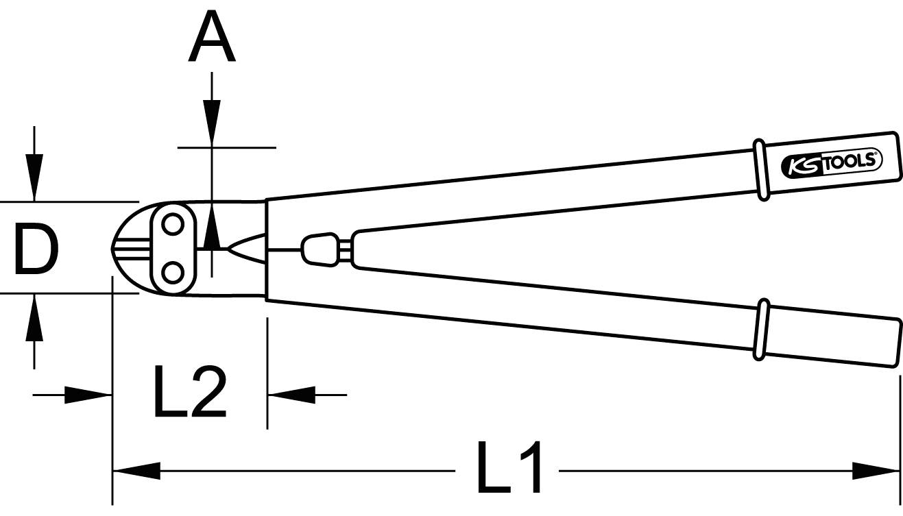 Diagram over en boltsaks fra KS Tools. Viser mål: Grebslængde 'L1', saksens længde 'L2', skruediameter 'D' og andre dimensioner.