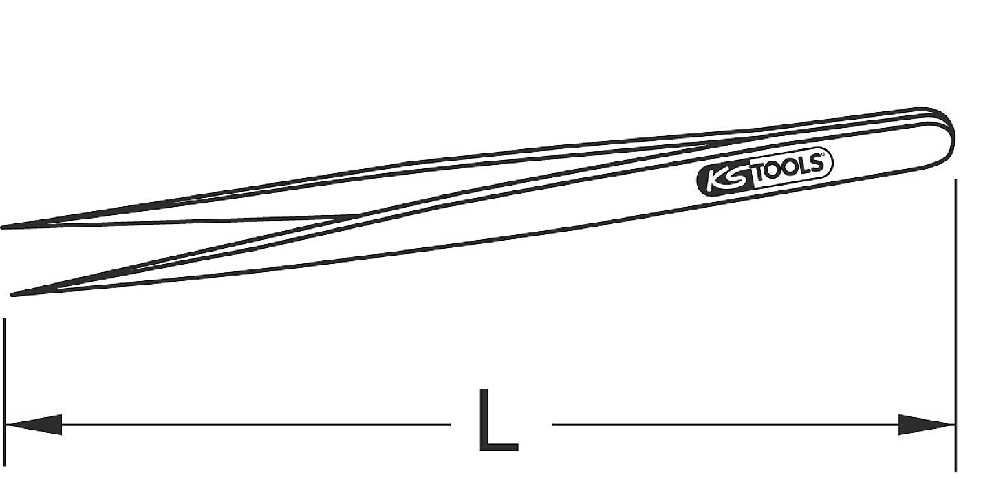 Illustration af en pincet fra mærket KS Tools, med en målpil nedenunder, der angiver længden 'L'.