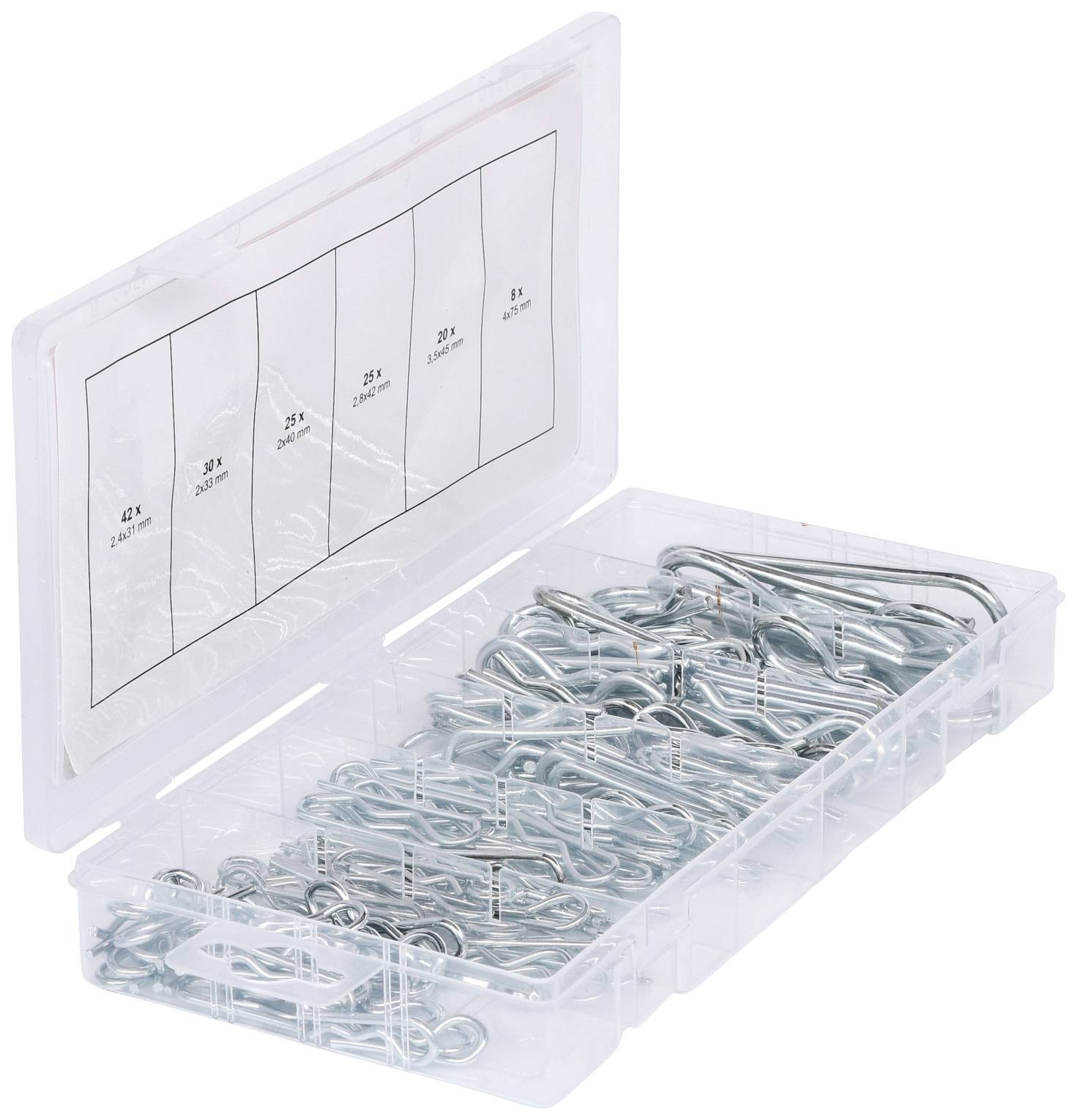 Metalclips i forskellige størrelser ligger i en åben, gennemsigtig boks med rum, mærket med de respektive mål.