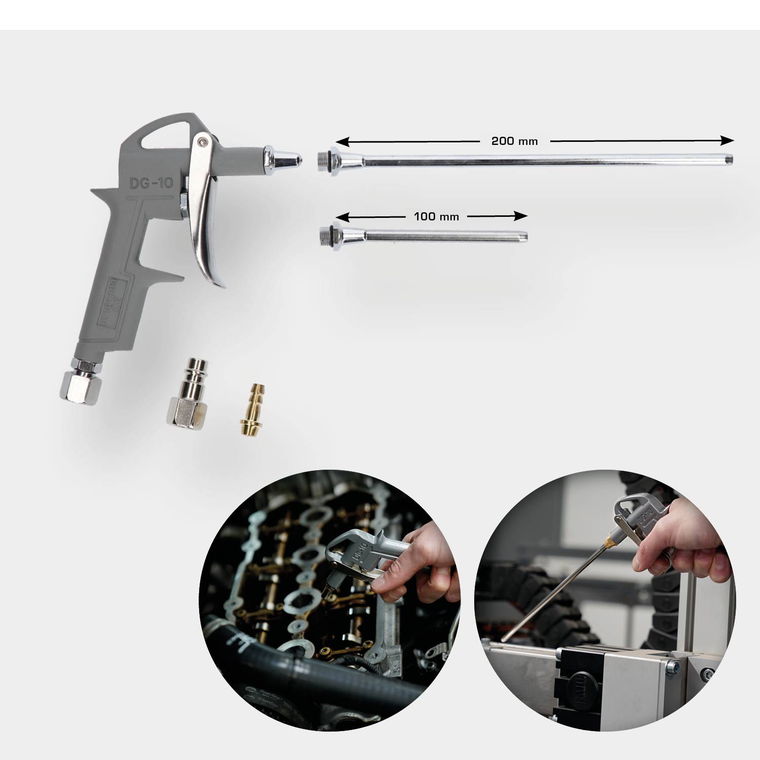 Trykluftpistol DG-10 med to dyser (100 mm, 200 mm). Forneden: Brug af dyserne til rengøring af komplekse maskindele.