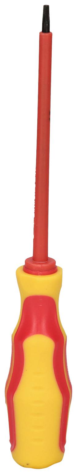 En skruetrækker med et rød-gult greb og et langt, tyndt, isoleret blad.