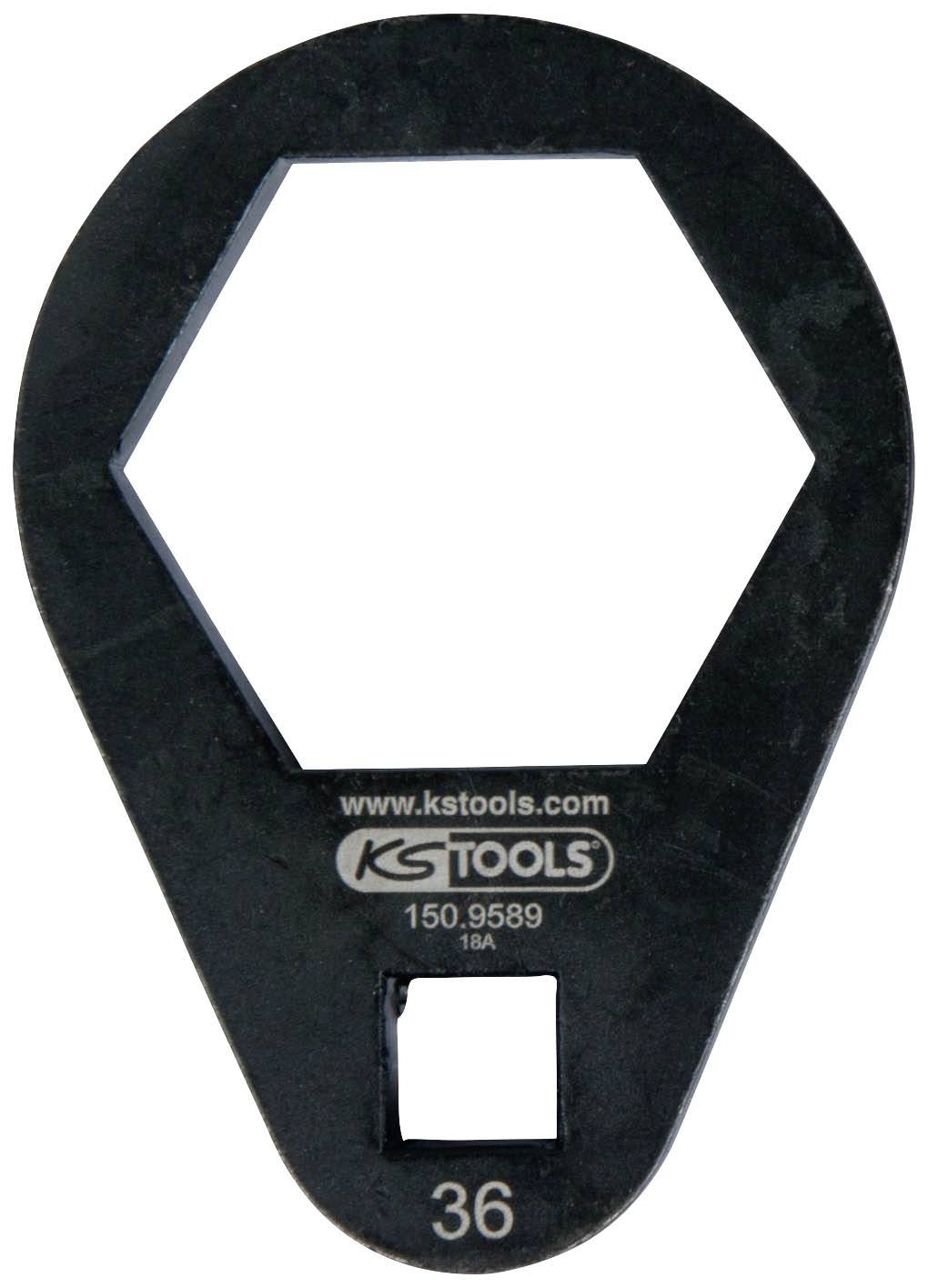 Et sekskantede værktøj fra KS Tools, markeret med '150.9589 18A', sort design, åben midte og firkantet åbning forneden.