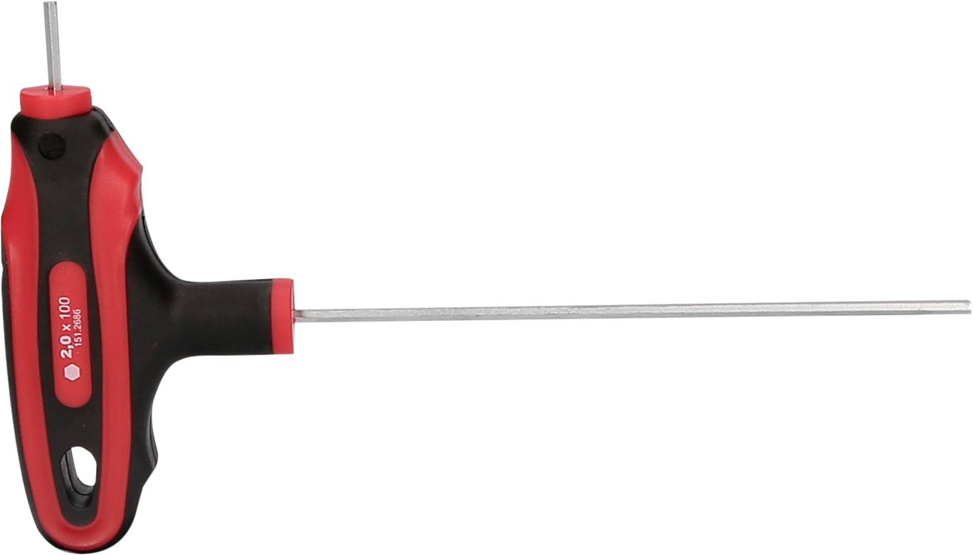 En T-greb skruetrækker med et langt metallisk skaft. Grebet er rødt og sort, ergonomisk udformet for bedre greb.