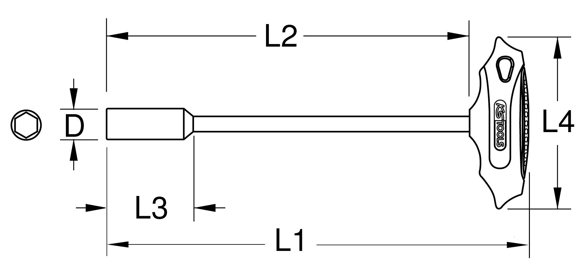 Teknisk tegning af et værktøj med mål: L1, L2, L3, L4 og diameter D. Viser forholdet mellem værktøjets dele.