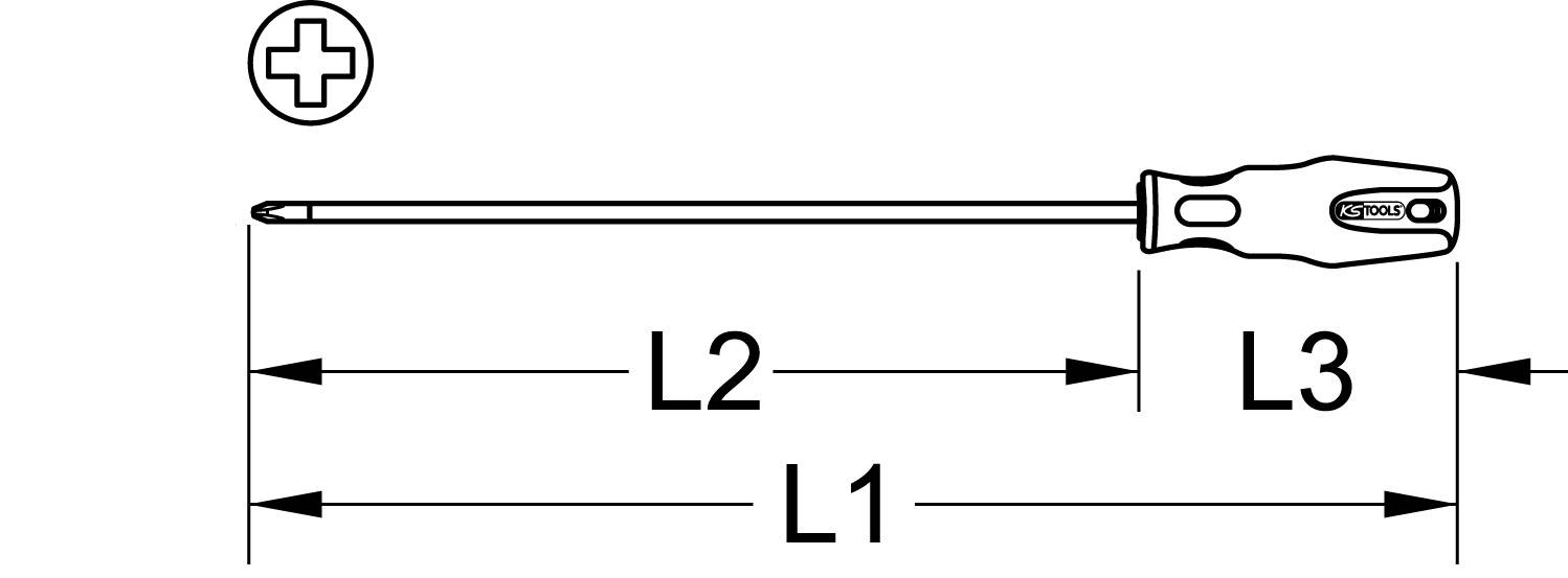 Illustration af en kryds-skruetrækker med håndtag og lang klinge. Mærket med L1, L2, L3 til måling af delene.