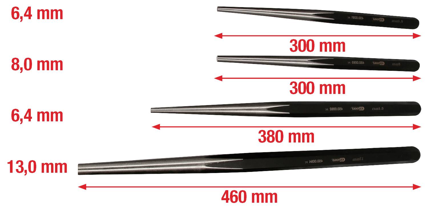 Fire koniske værktøjer med diametre fra 6,4 mm til 13,0 mm og længder fra 300 mm til 460 mm. Røde pile viser længderne.