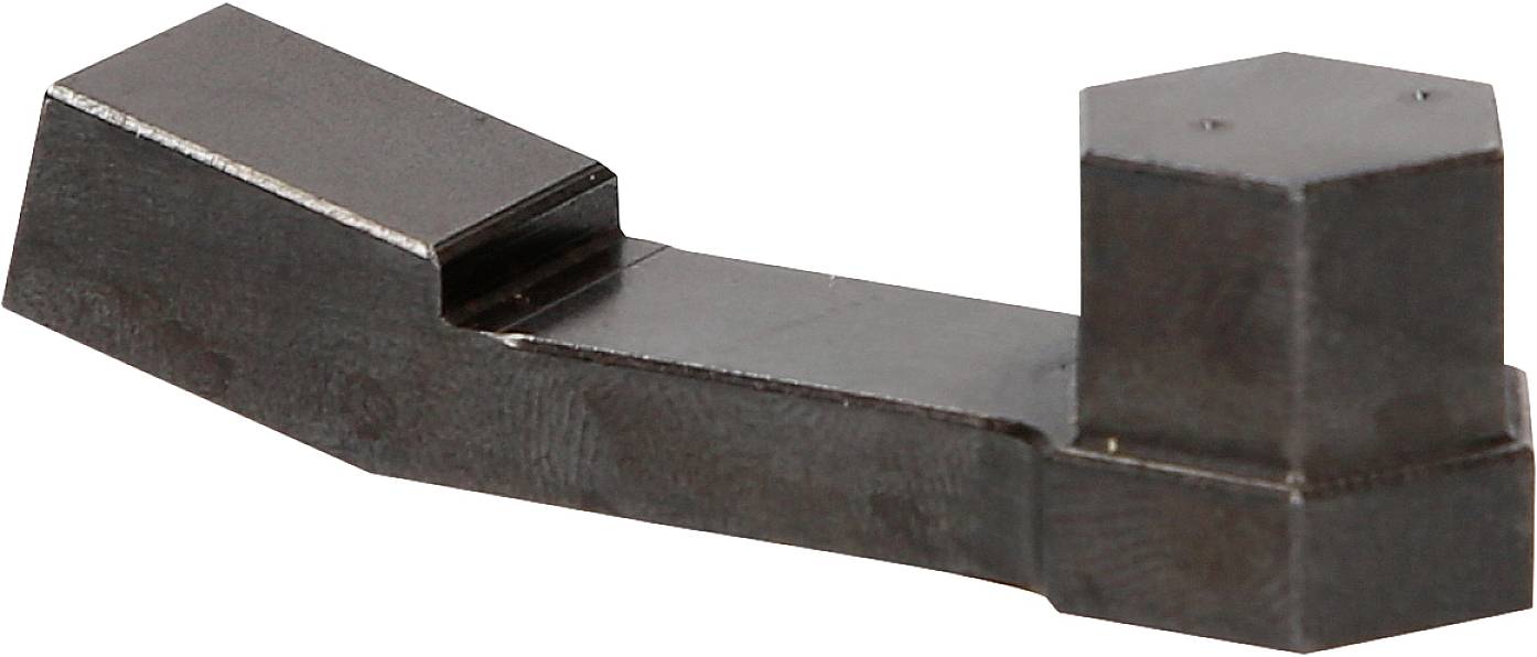 En metalagtig, mørkebrun komponentadapter med et rektangulært og et sekskantede ende, sandsynligvis til forbindelse eller montering.