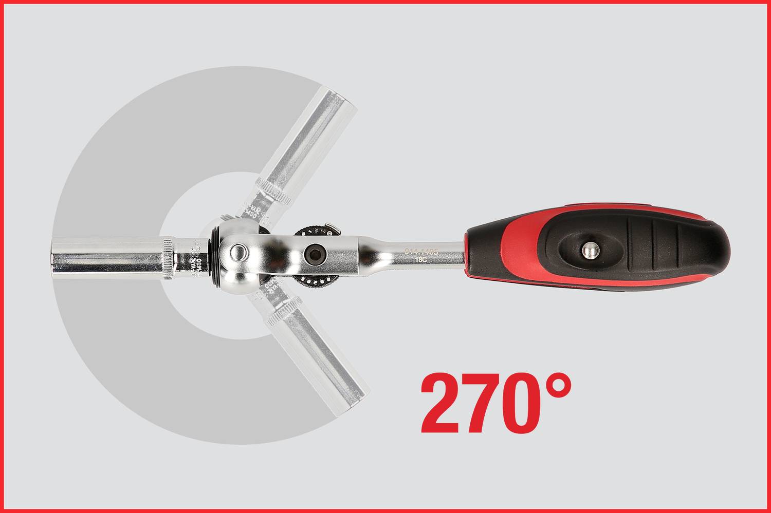 Skraldenøgle med ergonomisk greb, viser en bevægelsesfrihed på 270 grader.