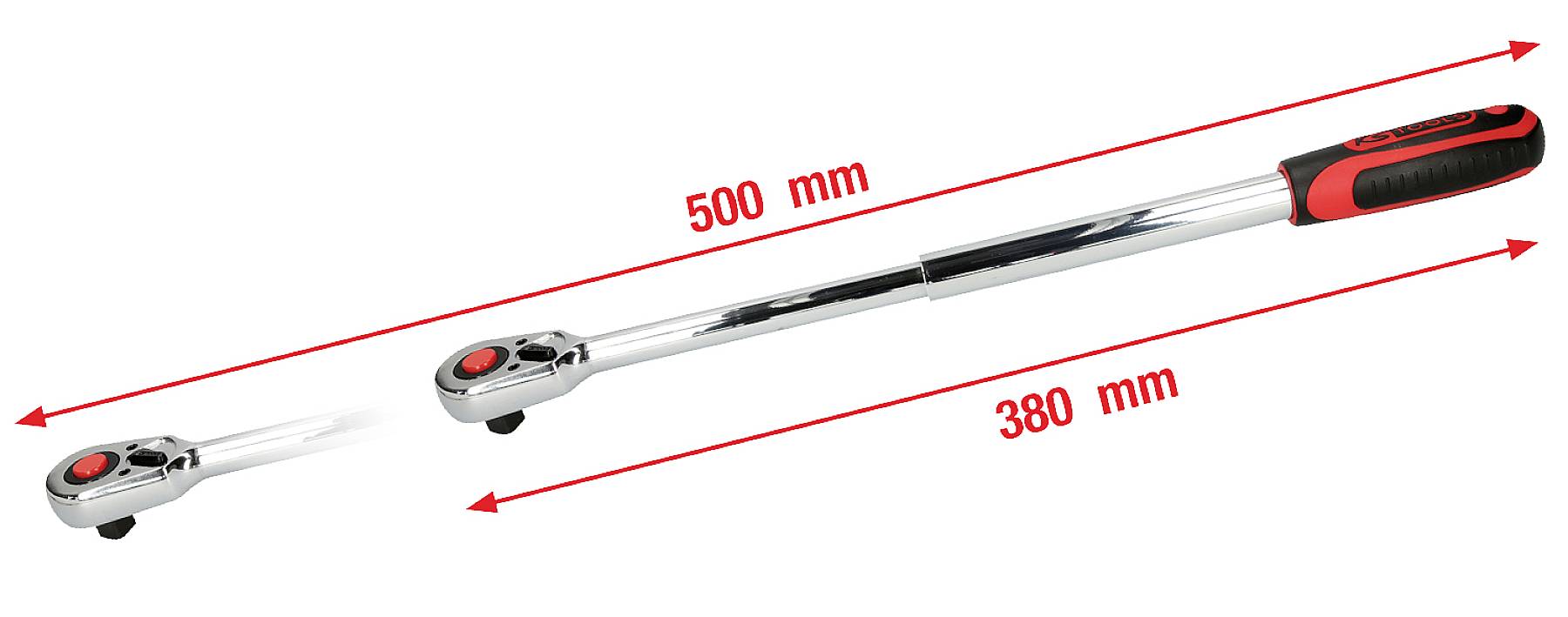 Teleskopskralde med to længdevarianter: 380 mm og 500 mm. Sølvfarvet med sort og rød håndgreb.