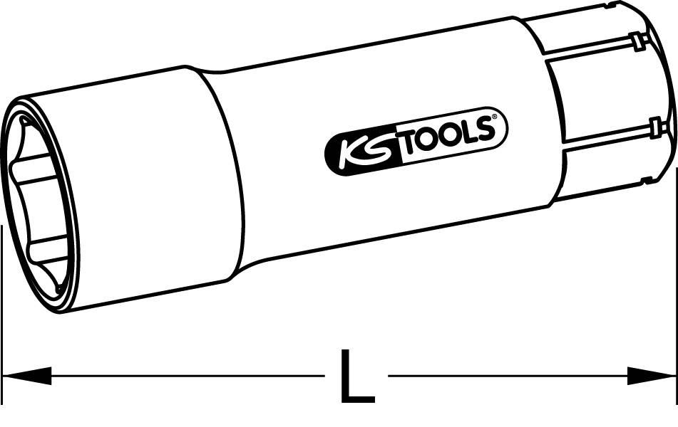 Illustration af et værktøj fra KS Tools med påskriften 'KS TOOLS' på siden. Det ligner en lang topnøgle.