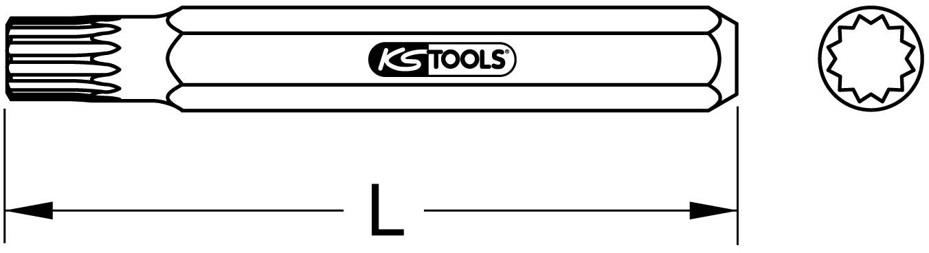 Illustration af et værktøj med en lang, riflet skaft og en rund, stjerneformet spids. Mærket med 'KS Tools'.