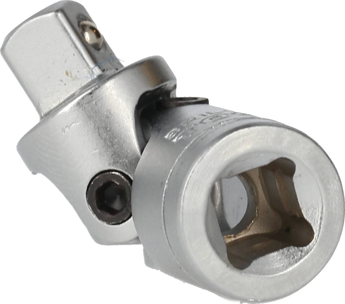 Metallisk kardanled-adapter i nærbillede, til skruværktøjer, viser forbindelsen mellem to akser for fleksibel drejning.