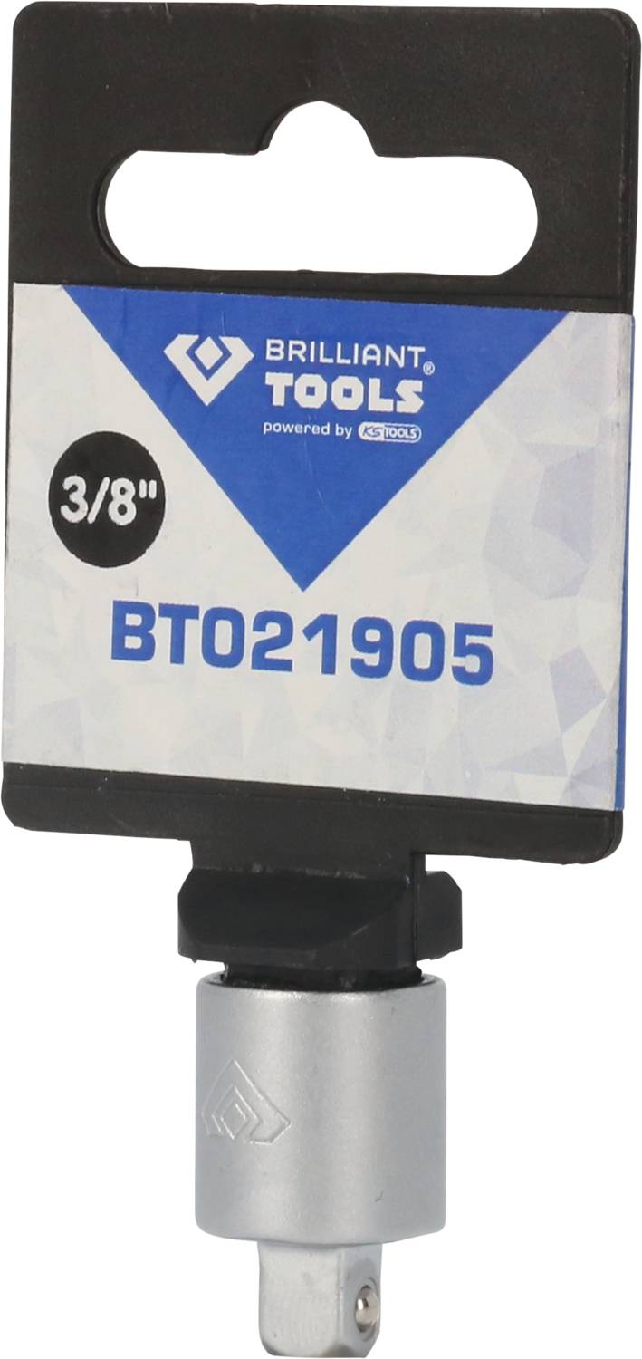 Værktøjsadapter fra Brilliant Tools, modelnummer BT021905, med en stikstørrelse på 3/8 tomme, i en blisterpakning.