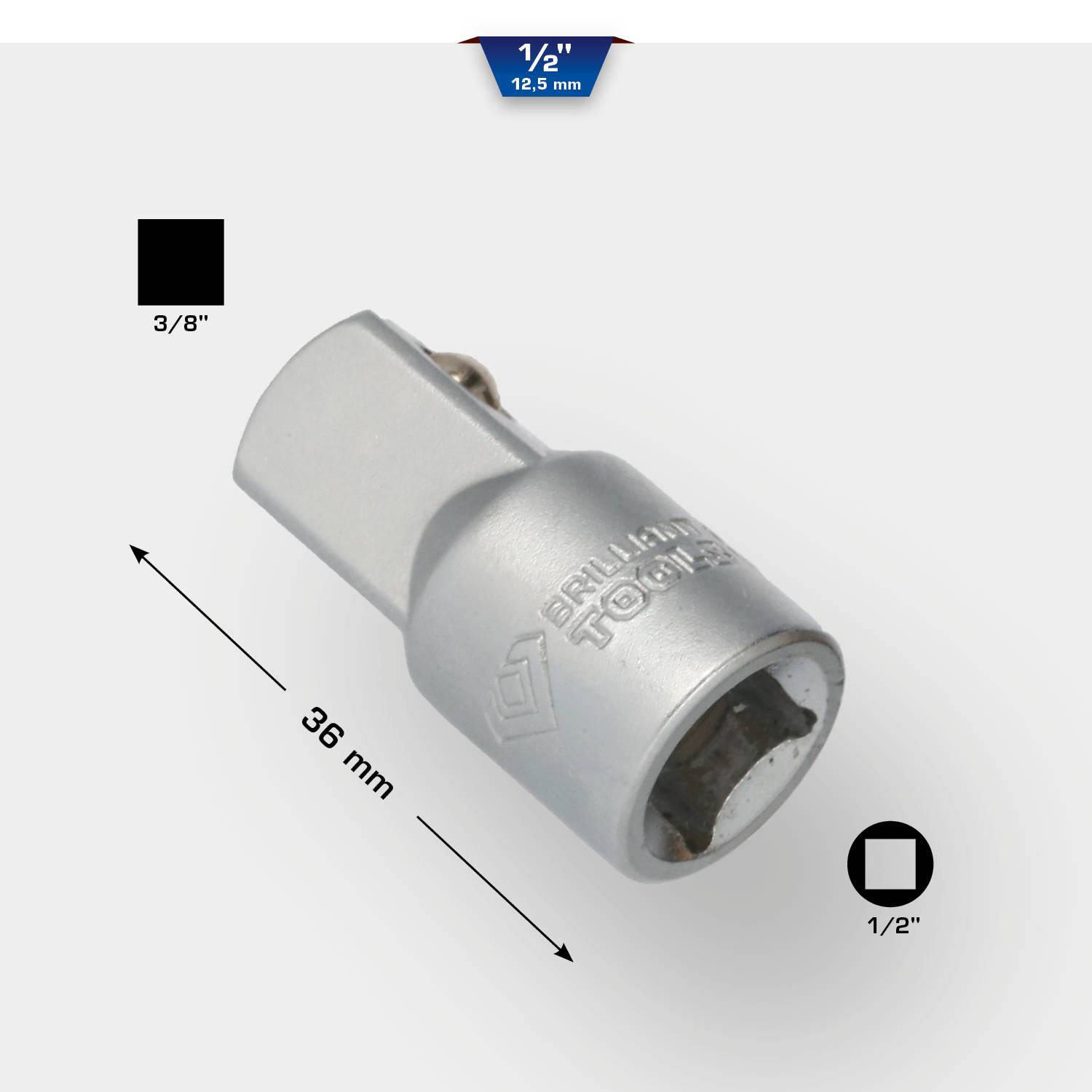 Adapter i L-form med 1/2" til 3/8" firkant og 12,5 mm sekskant-muffe. Længde: 36 mm. Forhindrer tilbageslag.