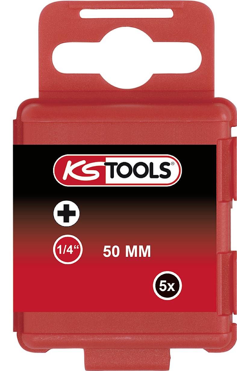 Rød emballage med 'KS TOOLS' logoet, viser 50 mm, 1/4", kryds-bits, 5 styk.