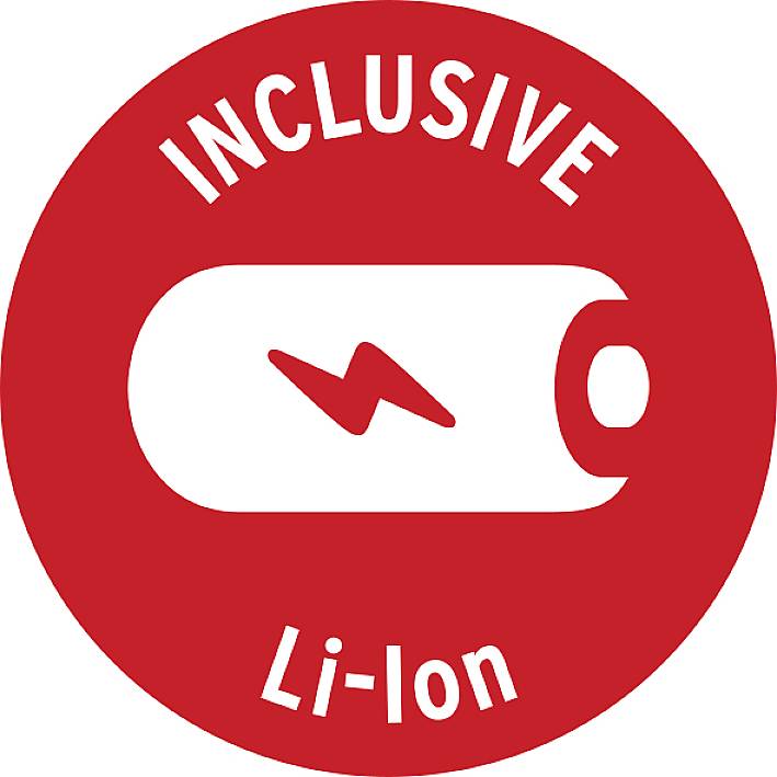 'Inklusiv Li-Ion' i hvid tekst på en rød cirkel med et batterisymbol i midten, der viser et lynsymbol.