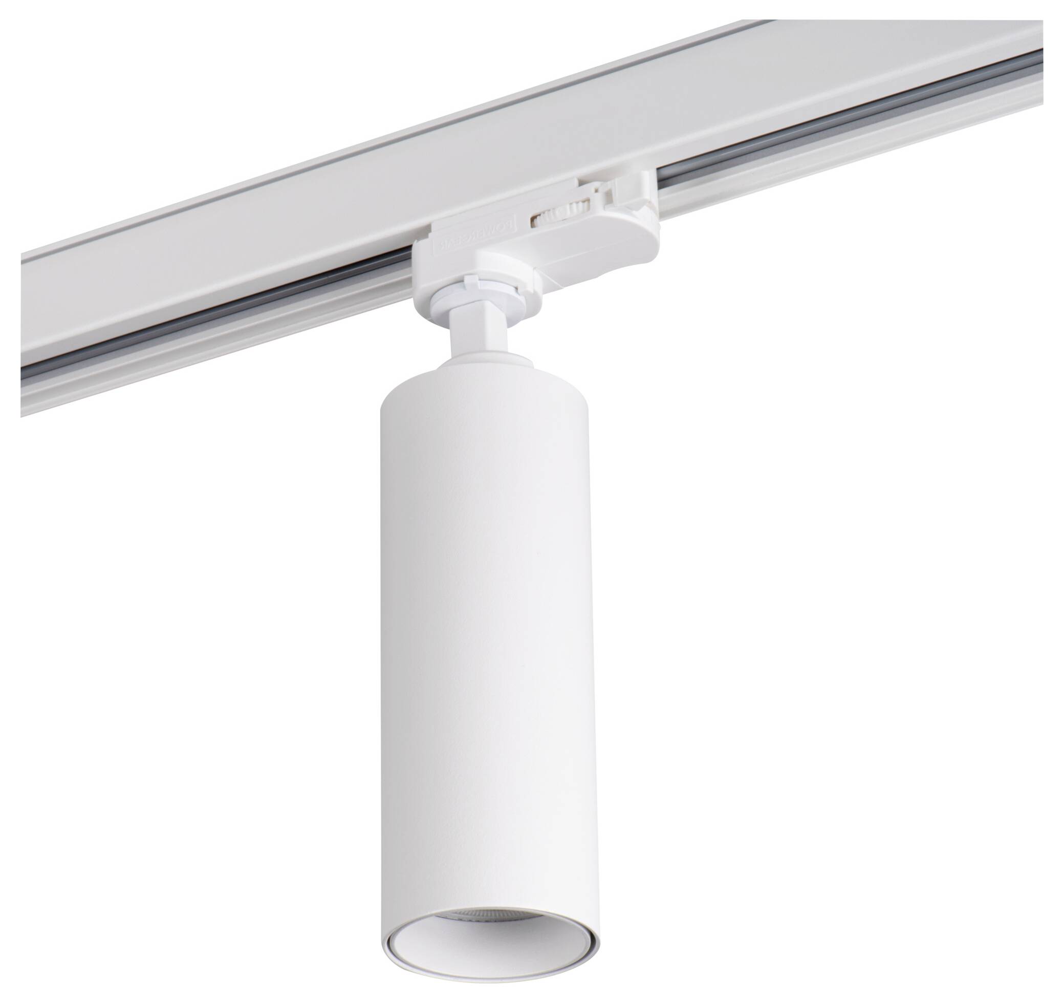 Hvid cylinderformet loftslampe, monteret på en skinne, velegnet til moderne indretning og retningsbestemt belysning.