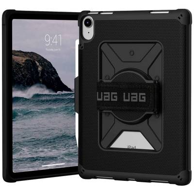 Et tablet i et robust sort beskyttelsescover med et bjerg- og havbaggrund på skærmen.