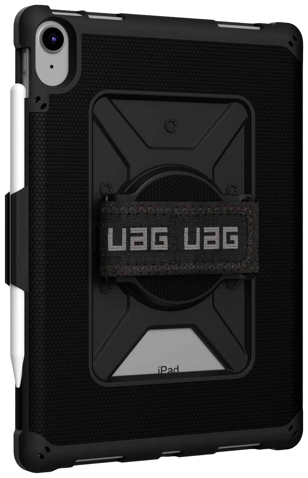 Et sort iPad med et robust cover med et håndtag, hvorpå der står 'UAG'. En stylus er integreret i coveret.