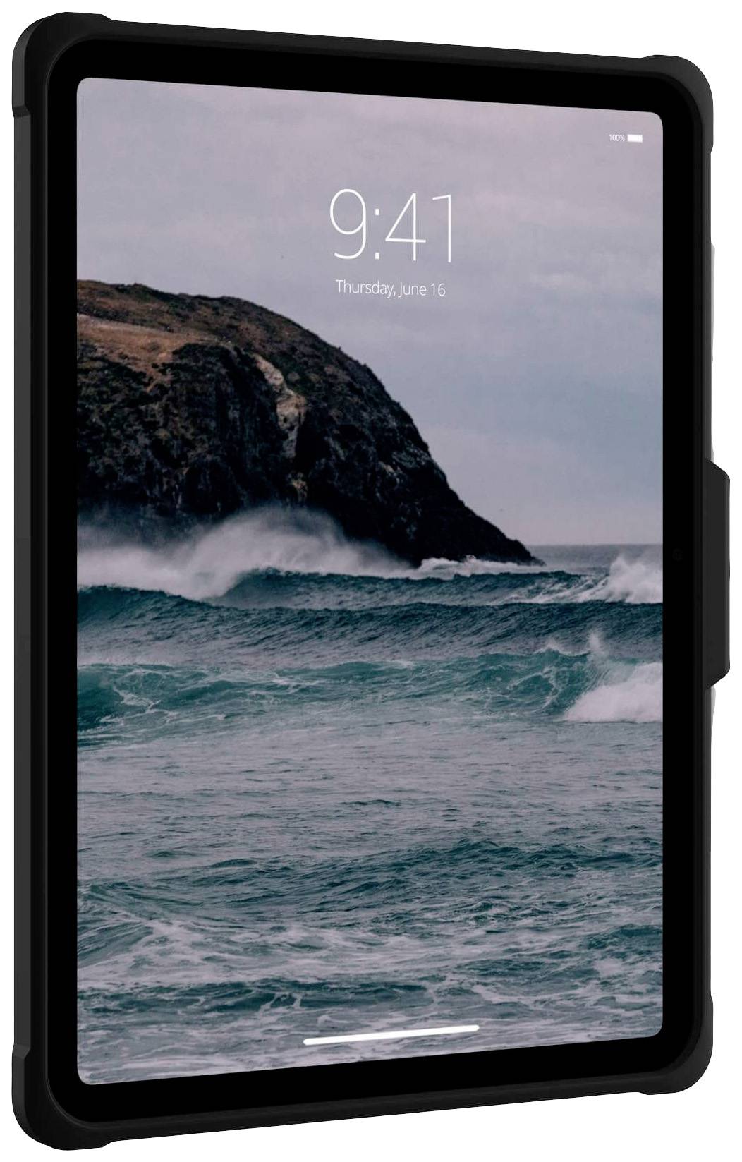 En tablet med et billede af bølger, der slår mod klipper. På skærmen står der '9:41, torsdag, 16. juni'.