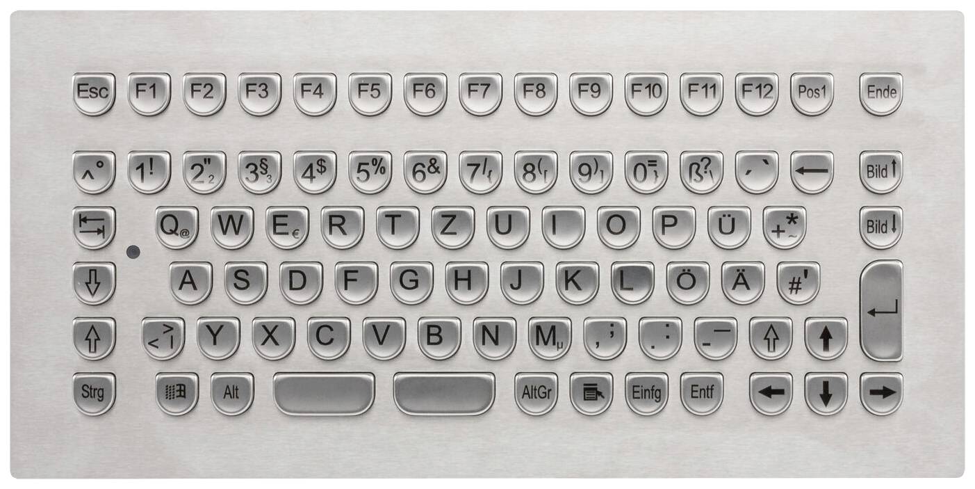 Dansk QWERTZ-tastatur med funktionstasterne øverst, piletasterne til højre og de alfanumeriske taster i midten.