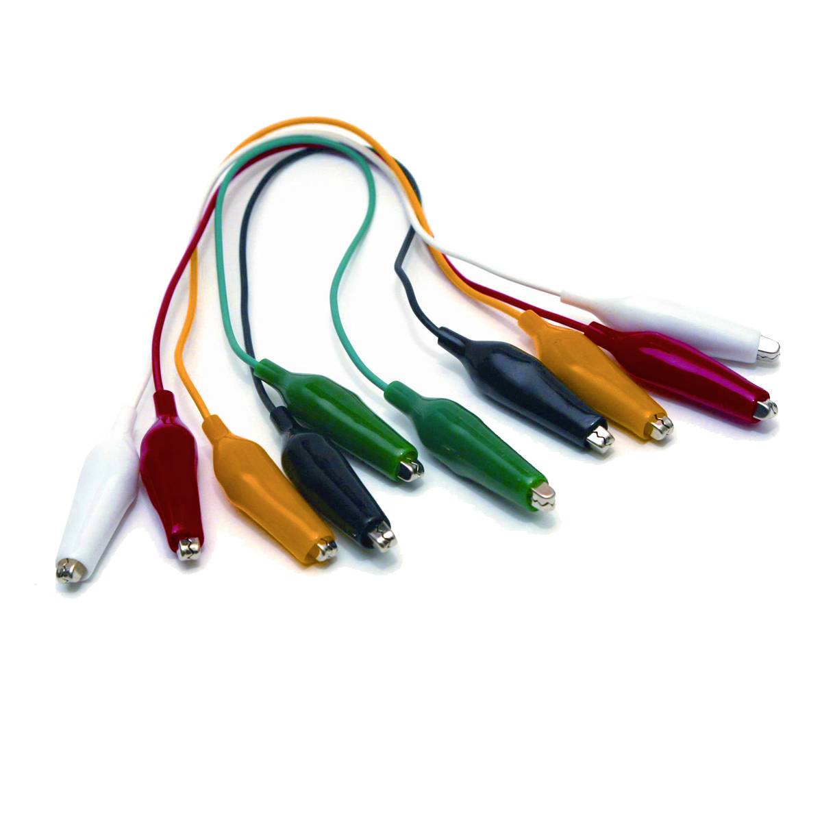 Otte farvede krokodilklemmer i forskellige farver, forbundet med kabler. De bruges ofte i elektronikprojekter.