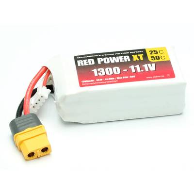 En hvid akkupack med påskriften 'Red Power XT 1300 - 11.1V', 25C, 50C. Den har røde, sorte og hvide ledninger med et gult stik.