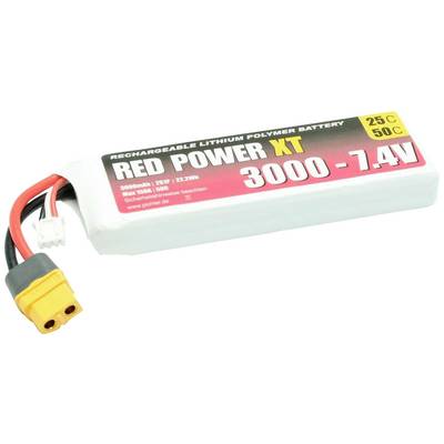 Lithium-polymer-batteri med påskriften 'Red Power XT 3000-7.4V', kapacitet på 3000mAh, designet til fjernstyrede enheder.