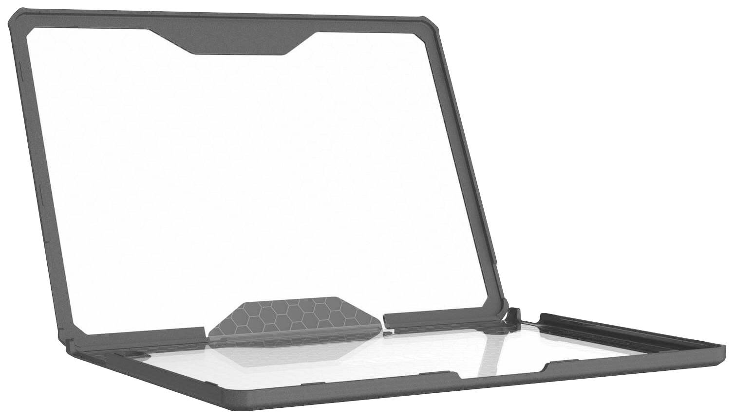 En sort, slank laptopboks, delvist åben, med en gennemsigtig sektion i den øverste del. Ideel til beskyttelse og stil.