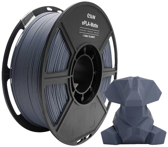 En spole med gråt 3D-print-filament "ePLA-mat" ved siden af en grå, polygonal 3D-printet figur.
