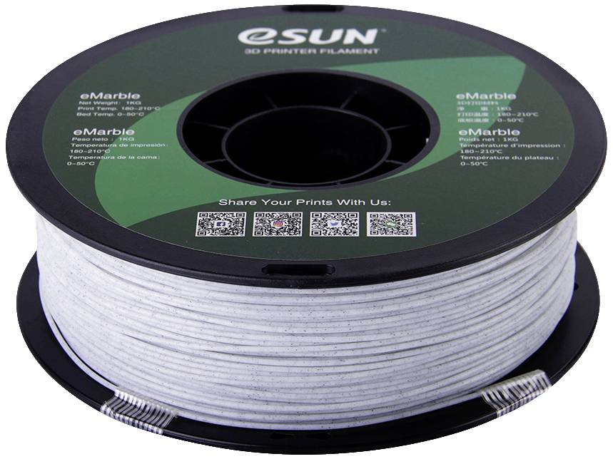 En hvid filamentspole til 3D-printer fra mærket eSUN er afbildet. Den viser QR-koder og brandnavnet på etiketten.