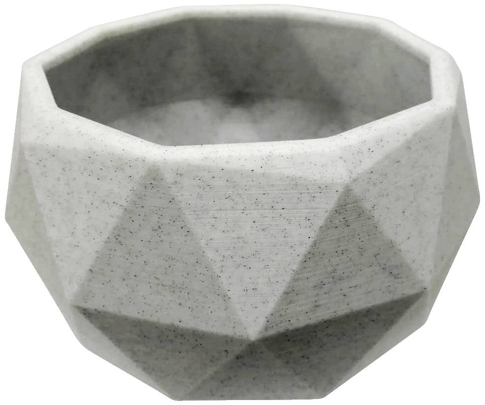 En grå, facetteret krukke med geometrisk design, lavet af betonmateriale, egner sig som moderne dekorativ beholder.