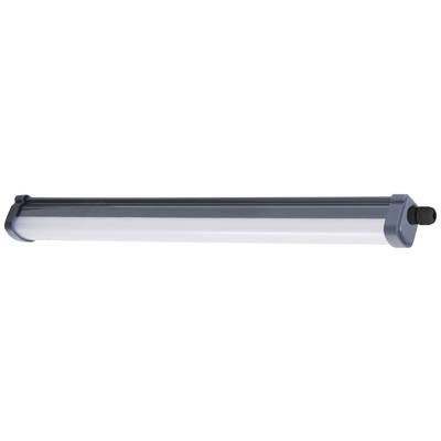 En lang, cylinderformet LED-armatur med grå endekapper. Perfekt til industriel eller kommerciel belysning.