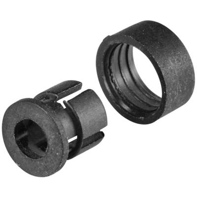 To ens sorte plastikkomponenter, bestående af en cylinderformet stikforbinder og en manchet, på en hvid baggrund.