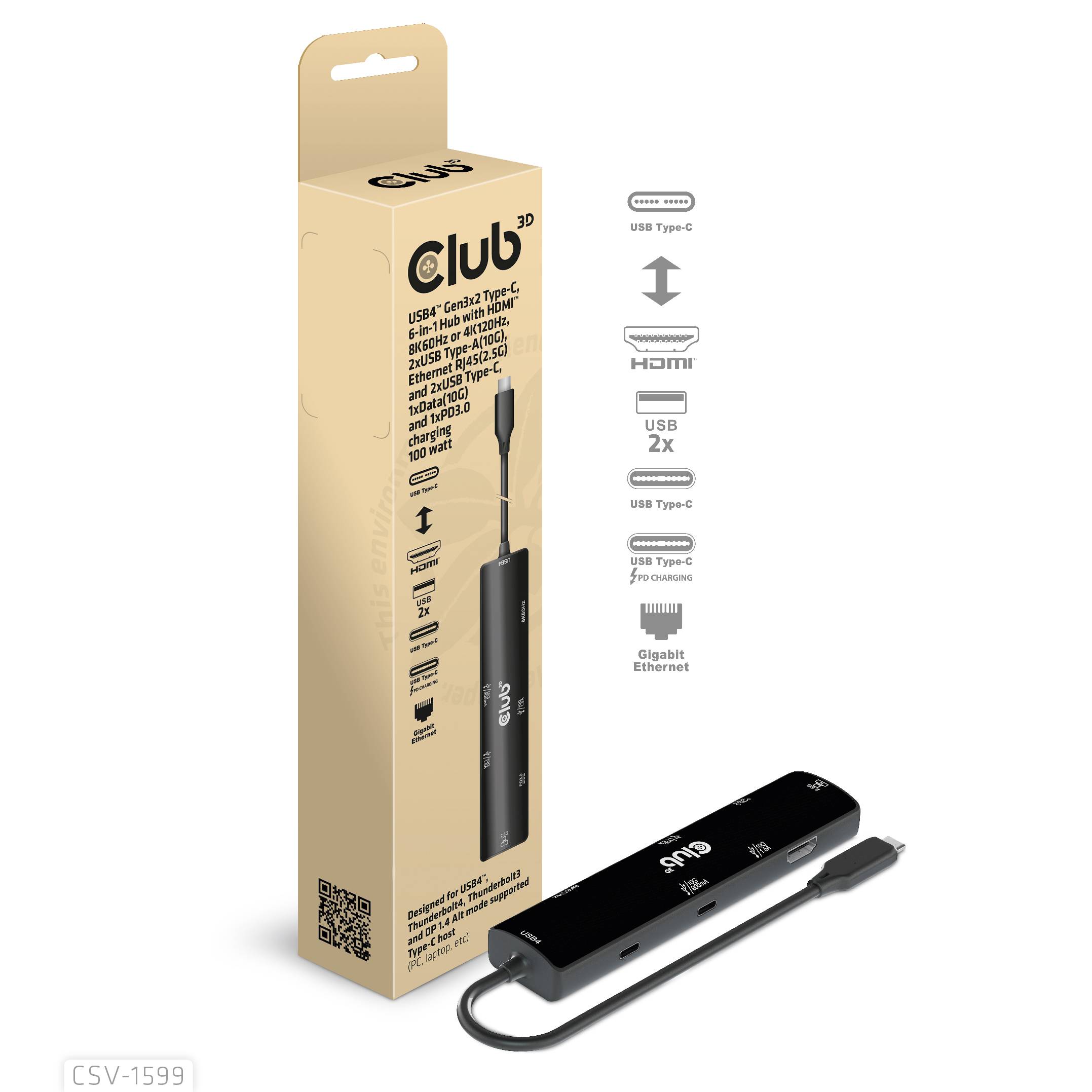 USB-C hub fra Club 3D med HDMI, Ethernet og to USB-porte på lys baggrund. Emballage i baggrunden.