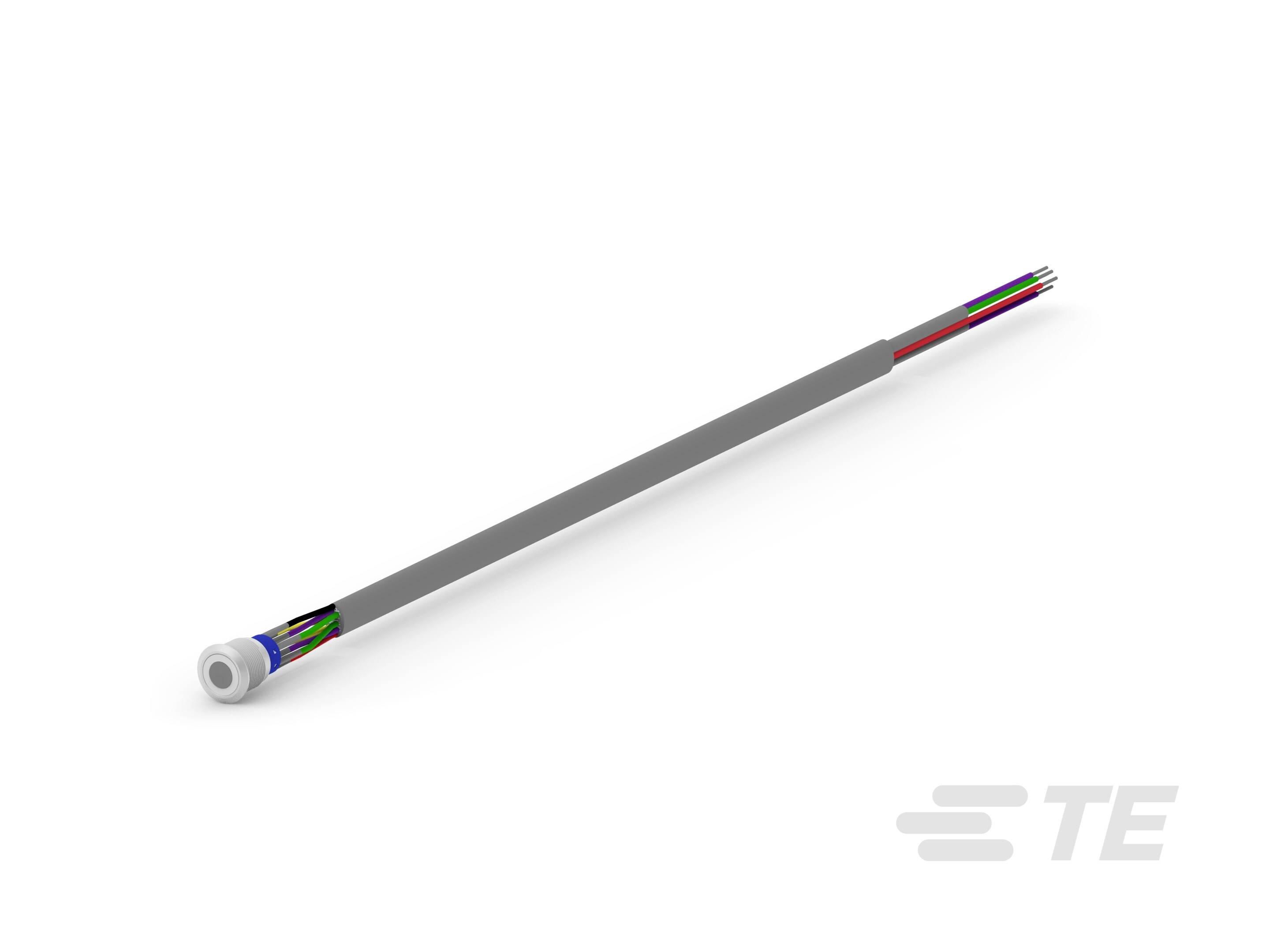 Et gråt optisk kabel med blottede glasfibre i enderne, egnet til dataoverførsel i netværksapplikationer.