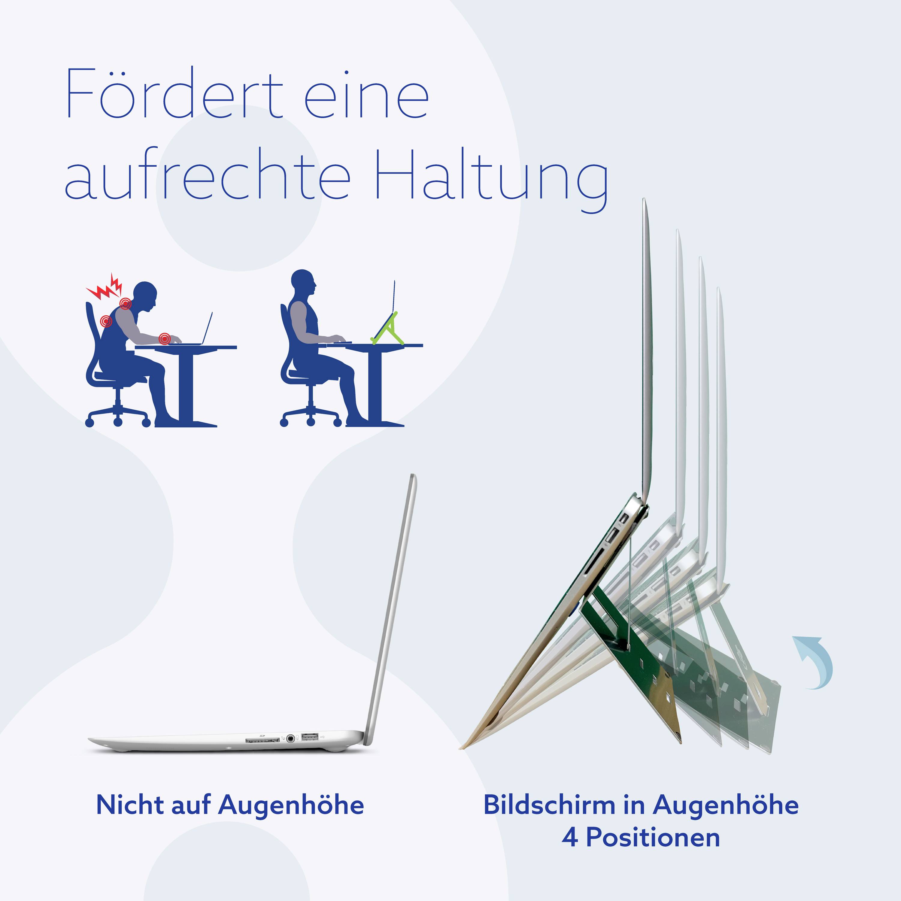 To siluetter: Til venstre sidder en figur foroverbøjet med smerter, til højre sidder en person oprejst ved en bærbar computer. Tekst: 'Fremmer en god holdning'. Computeren viser 4 forskellige positioner.