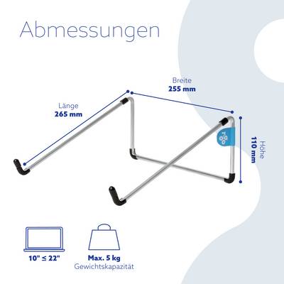 'Dimensioner' Billedet viser stativ med længdeangivelser: Længde 265 mm, Bredde 255 mm, Højde 110 mm. Maks. kapacitet: 5 kg, til enheder fra 10" til 22".
